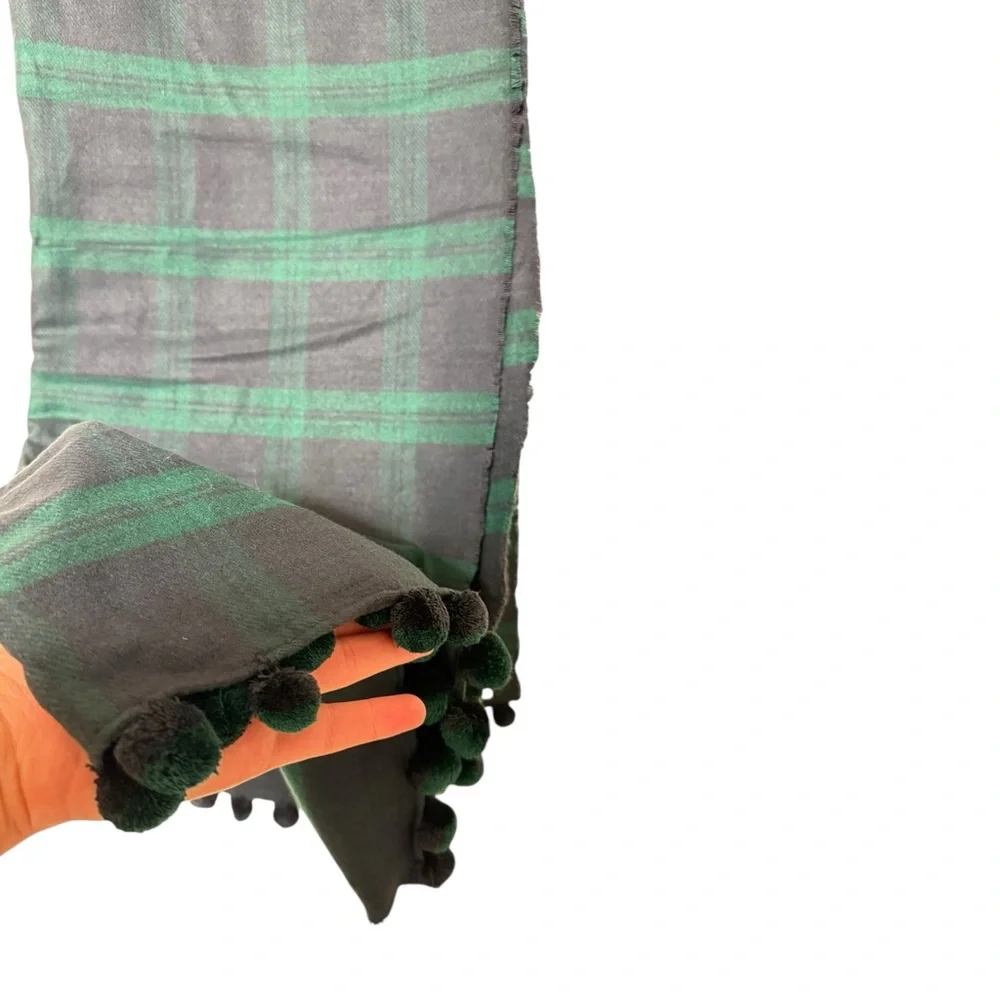 J. Crew Oversize Pom Pom Black Watch Tartan Plaid Scarf